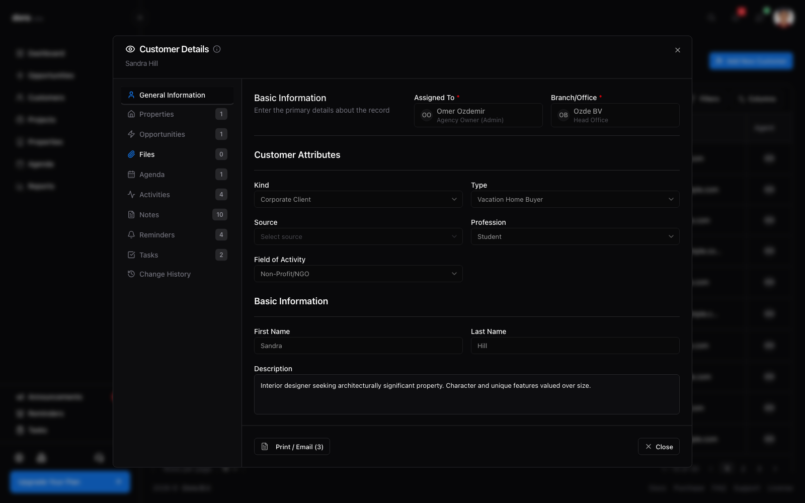 Customer record with related tabs in Dora CRM