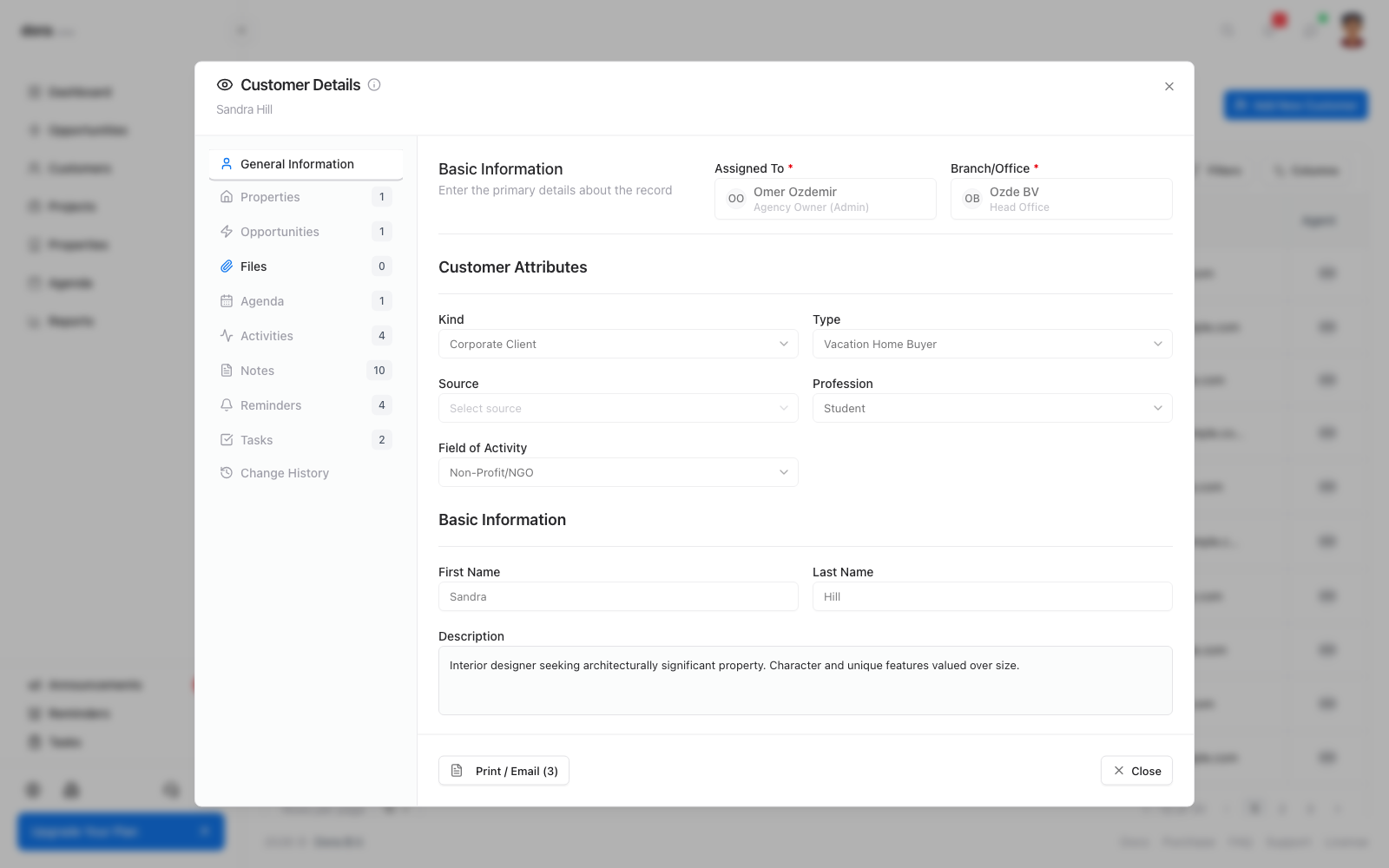 Customer record with related tabs in Dora CRM