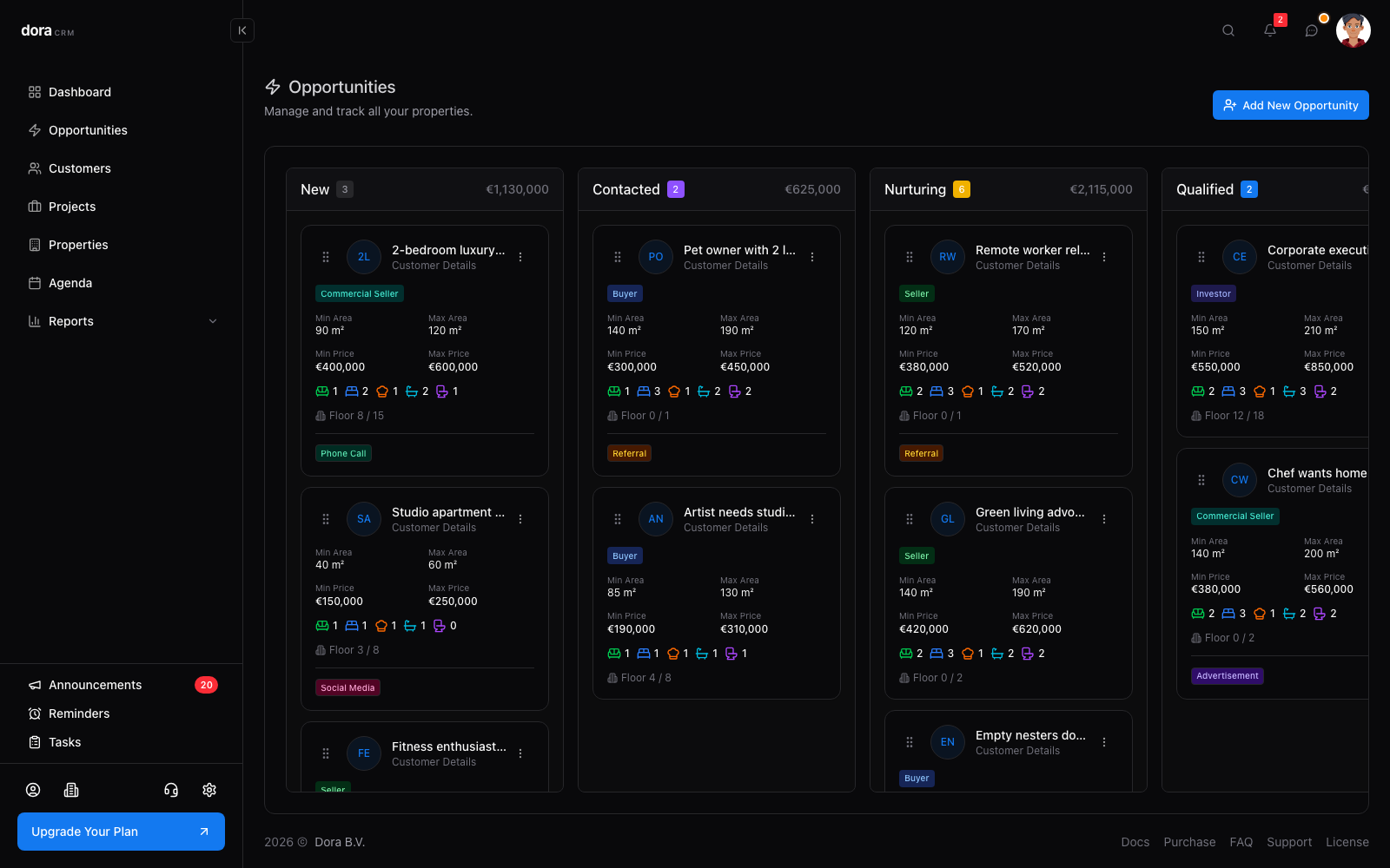 Opportunities Kanban board in Dora CRM