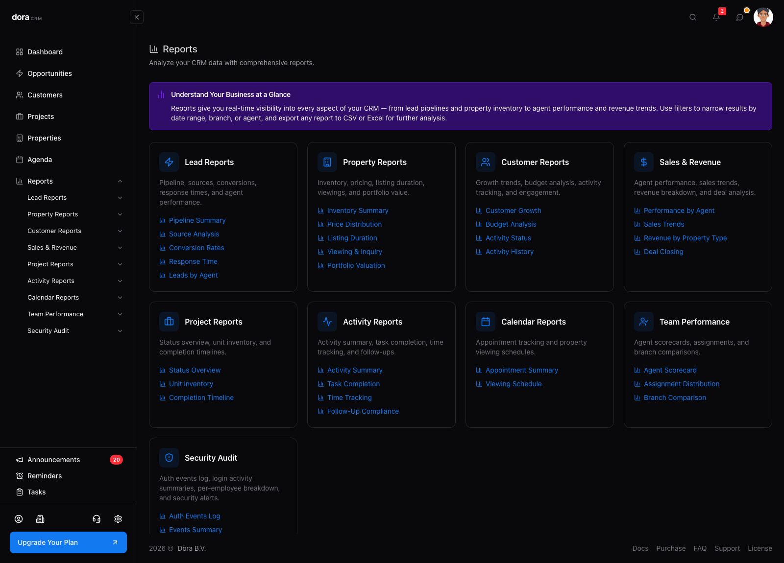 Reports overview in Dora CRM